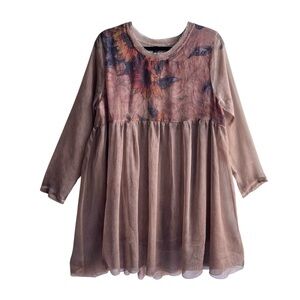 Vintage Sheer Babydoll Dress Earthy Brown Floral Chiffon Long Sleeve Fairycore M